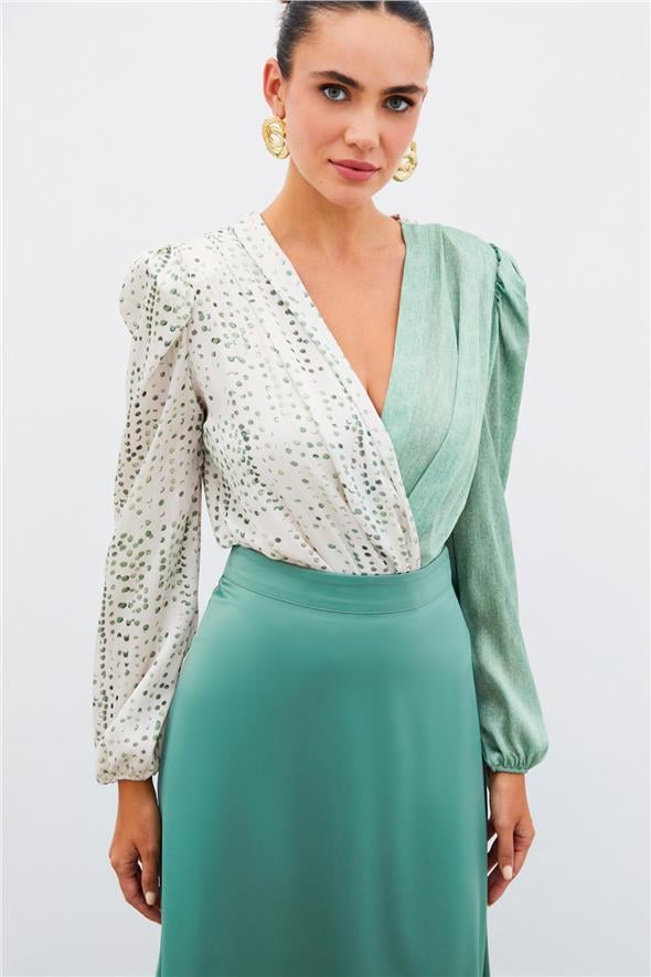 Çift Desenli Kruvaze Bluz - Çağla Yeşili