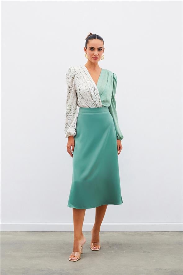 Çift Desenli Kruvaze Bluz - Çağla Yeşili