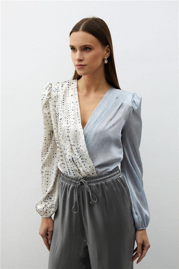 Çift Desenli Kruvaze Bluz - Gri