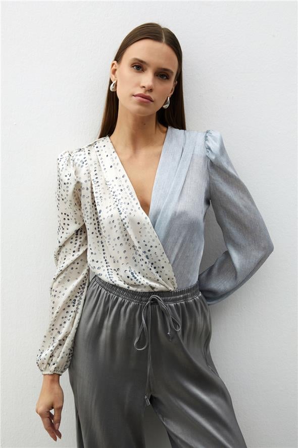Çift Desenli Kruvaze Bluz - Gri