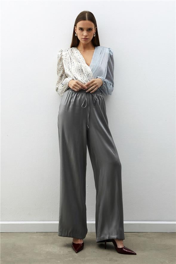 Çift Desenli Kruvaze Bluz - Gri