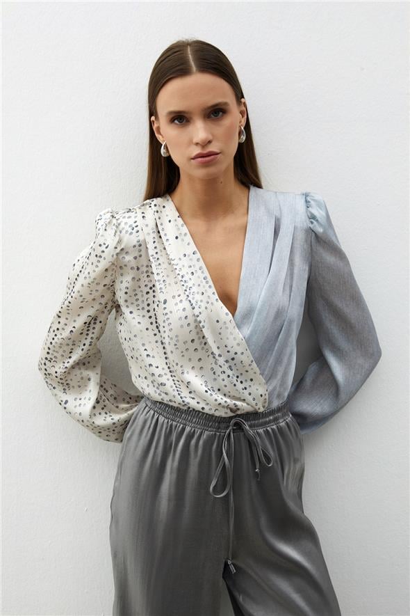 Çift Desenli Kruvaze Bluz - Gri