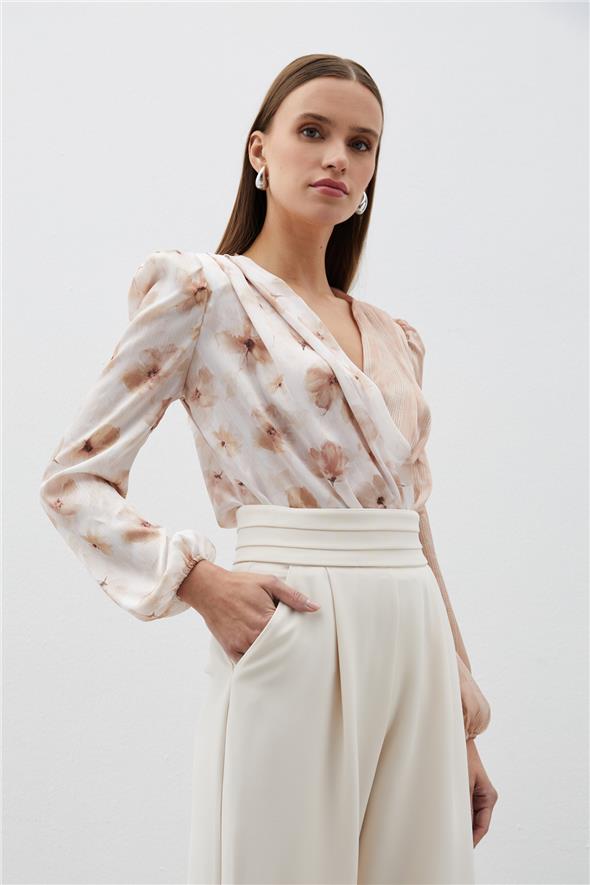 Çift Desenli Kruvaze Bodysuit Bluz - VİZON