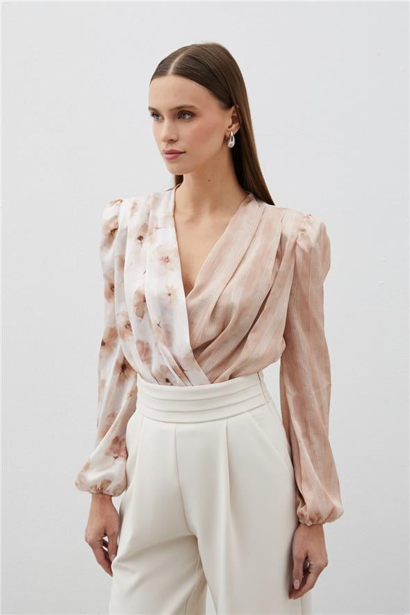 Çift Desenli Kruvaze Bodysuit Bluz - VİZON