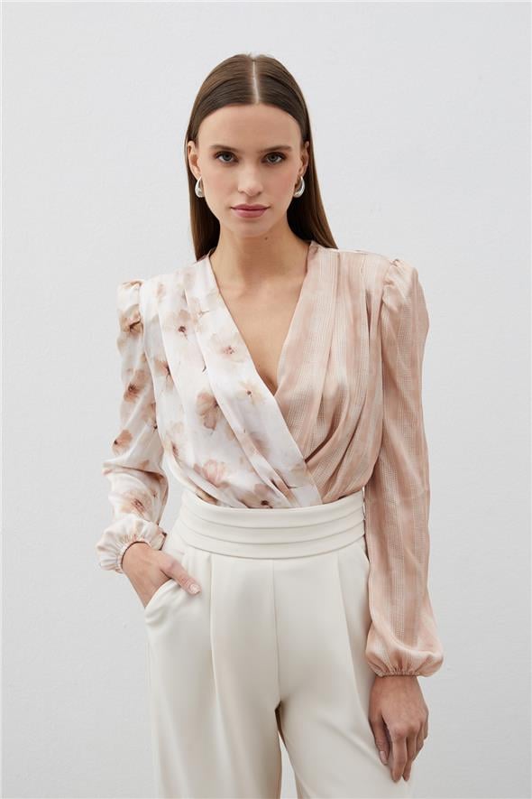 Çift Desenli Kruvaze Bodysuit Bluz - VİZON