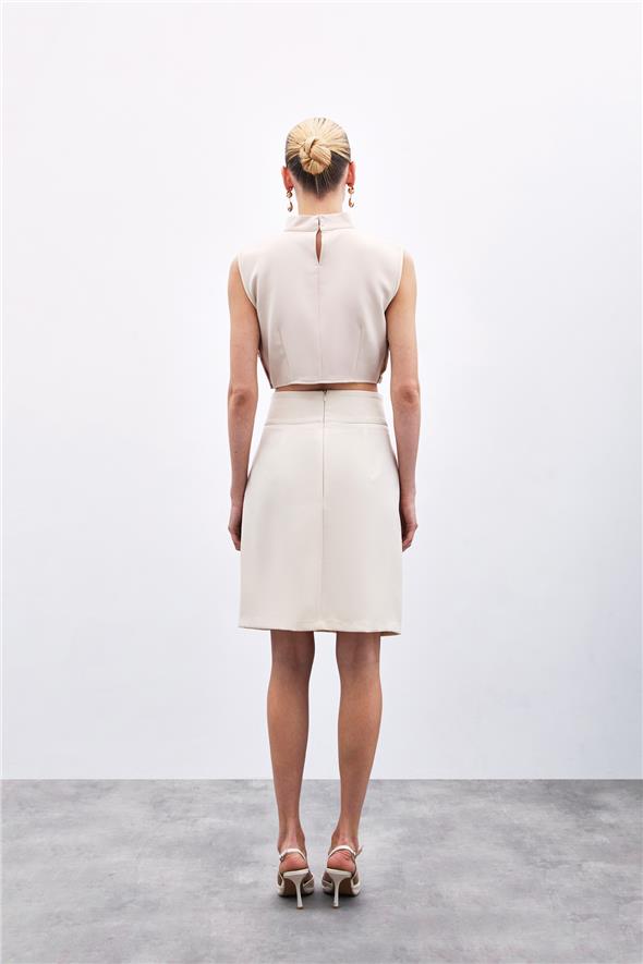 Çıt Aksesuarlı Mini Etek - Bej