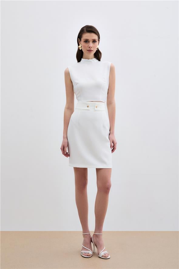 Çıt Aksesuarlı Mini Etek - Ekru