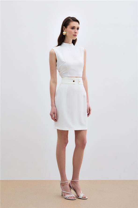 Çıt Aksesuarlı Mini Etek - Ekru