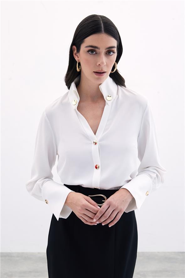 Çıt Çıt Detaylı Gömlek - Ekru