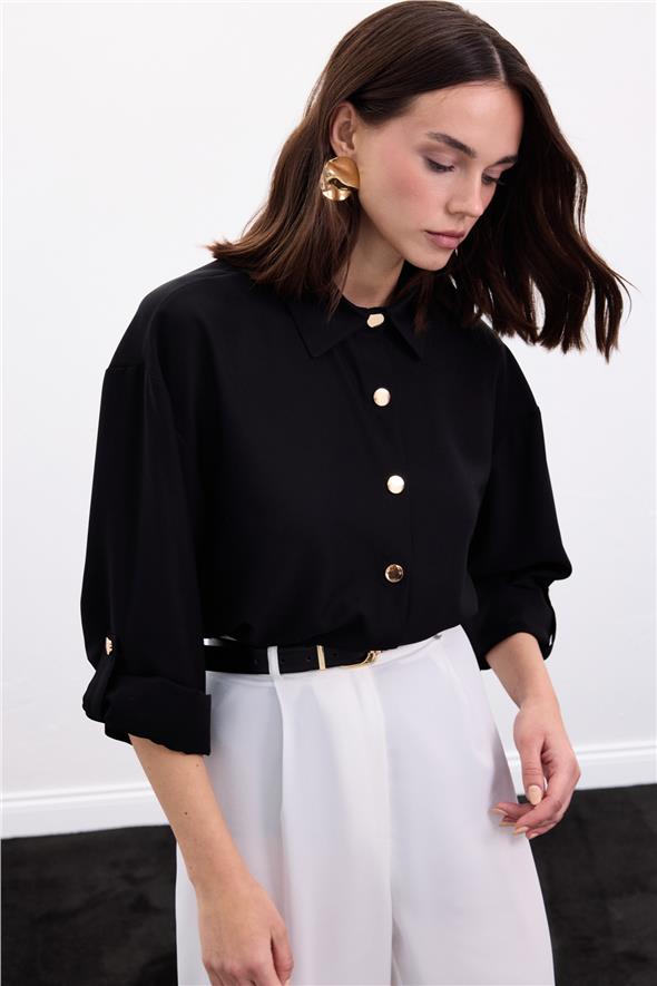 Çıtçıt Detaylı Gömlek - Siyah