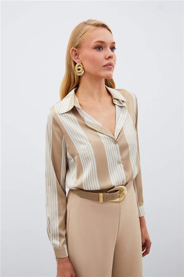 Çizgi Desenli Gömlek - BEJ