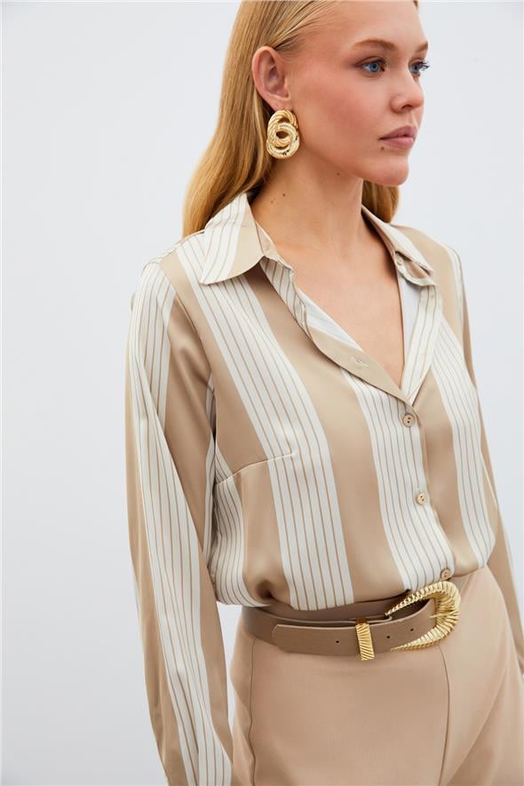 Çizgi Desenli Gömlek - BEJ