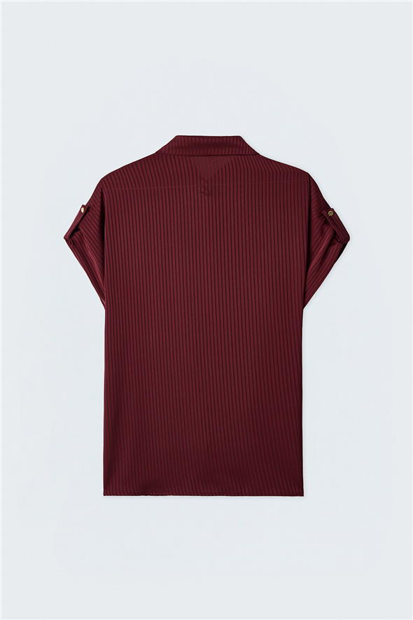 Çizgi Desenli Kısa Kol Gömlek - Bordo