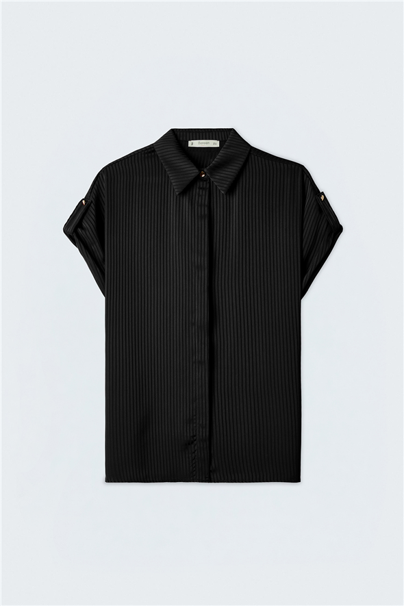 Çizgi Desenli Kısa Kol Gömlek - Siyah