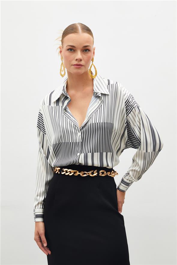 Çizgili Düz Gömlek - Siyah