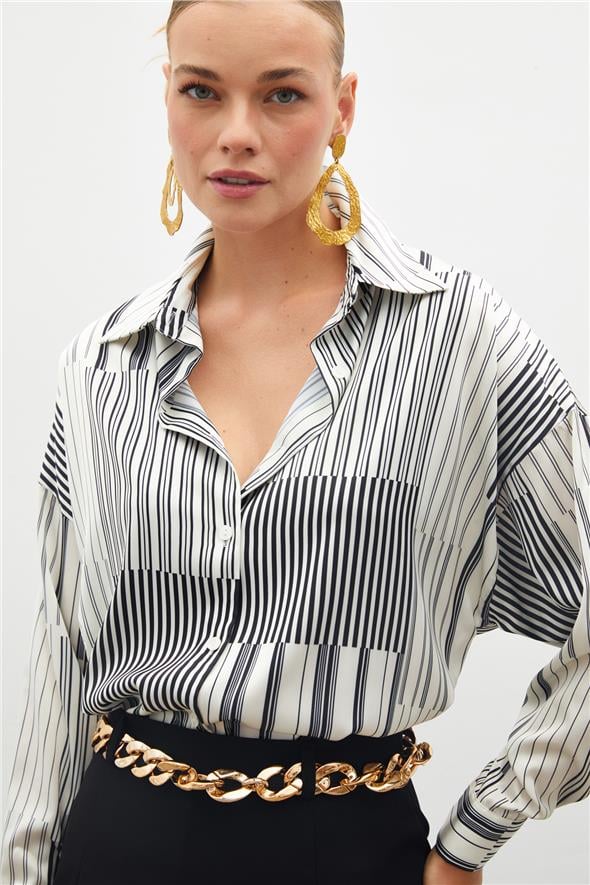 Çizgili Düz Gömlek - Siyah