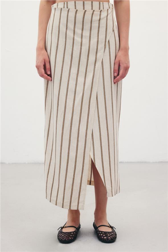 Çizgili Keten Etek - Camel