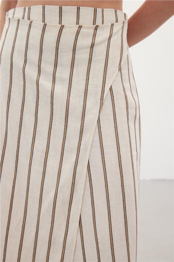 Çizgili Keten Etek - Camel