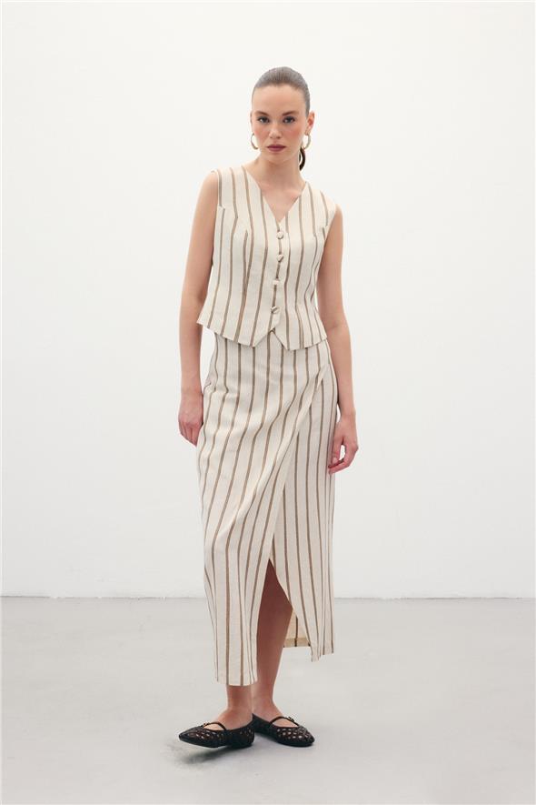 Çizgili Keten Etek - Camel