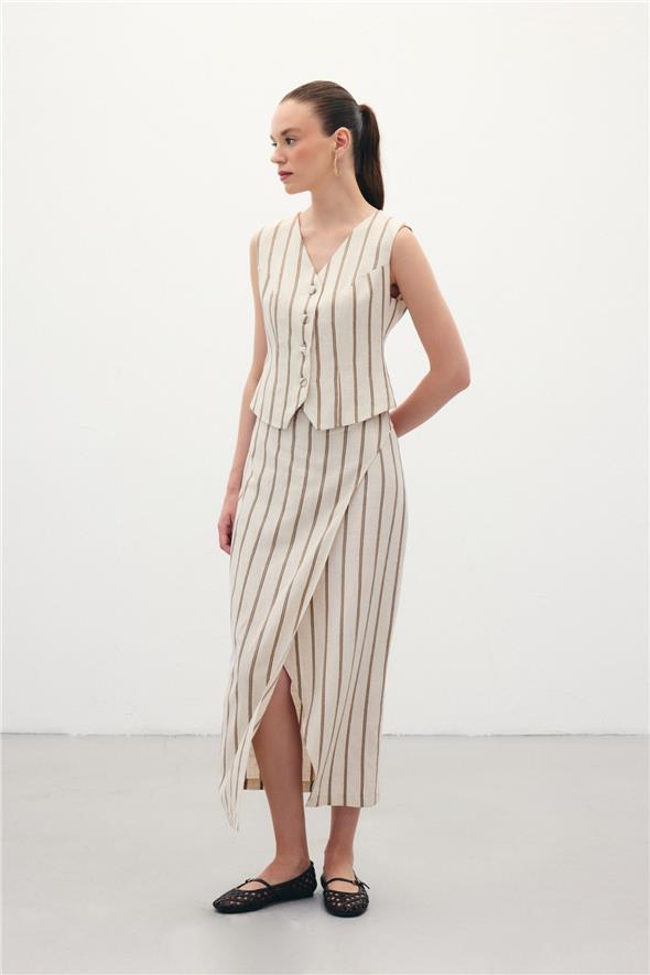 Çizgili Keten Etek - Camel