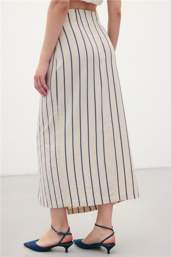 Çizgili Keten Etek - Lacivert