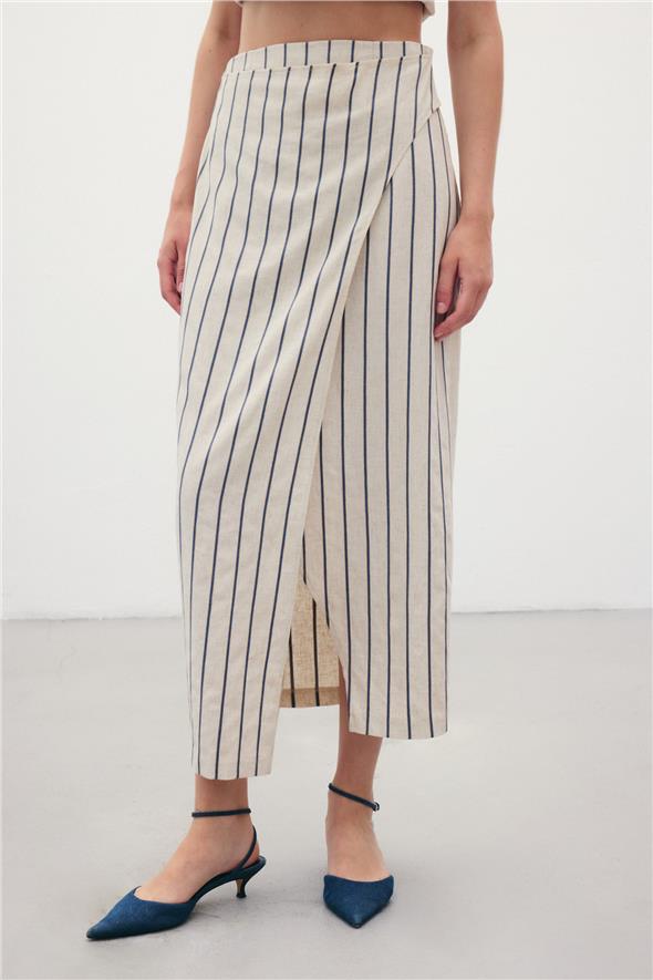 Çizgili Keten Etek - Lacivert