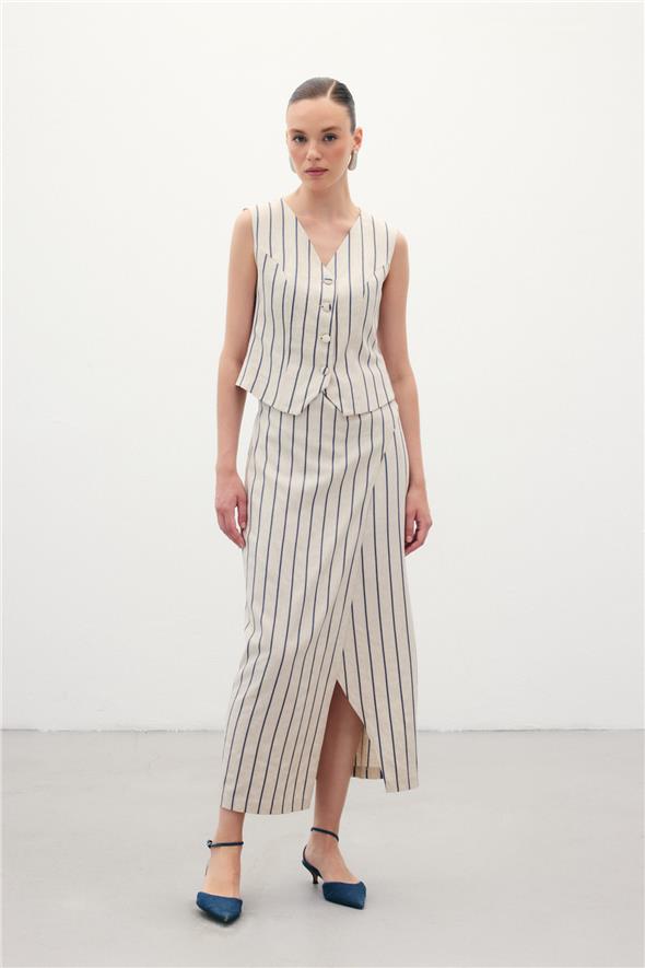 Çizgili Keten Etek - Lacivert