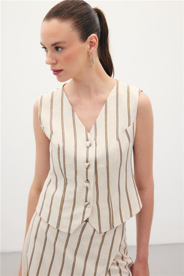 Çizgili Keten Karışımlı Yelek - Camel