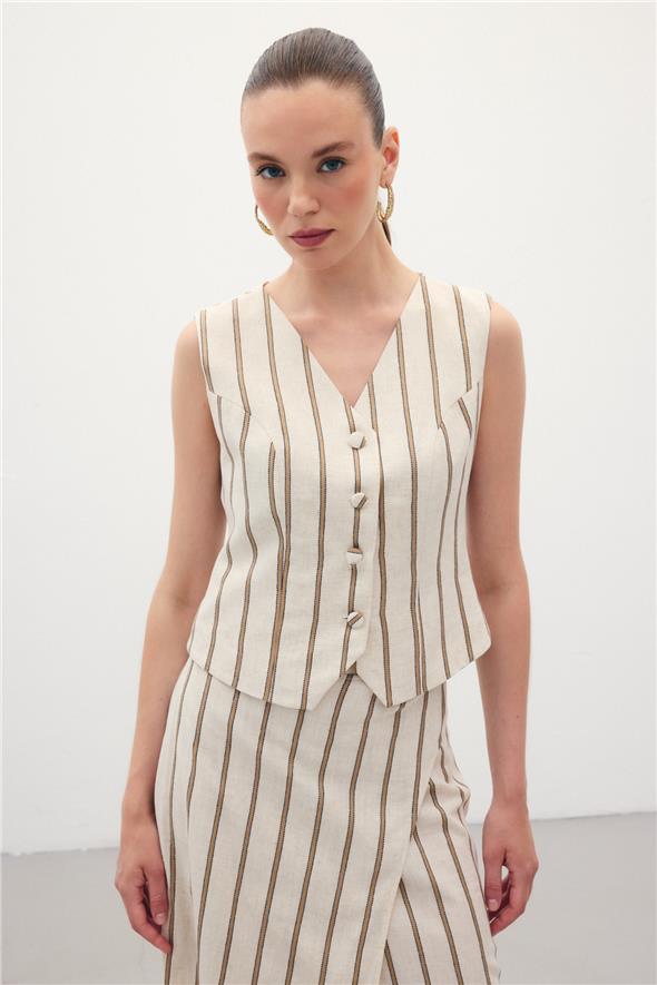 Çizgili Keten Karışımlı Yelek - Camel