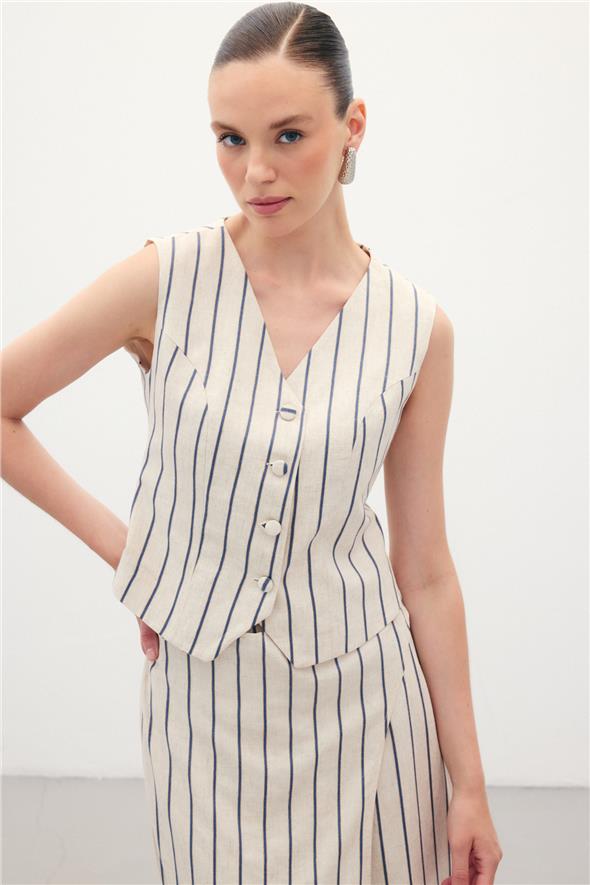 Çizgili Keten Karışımlı Yelek - Lacivert