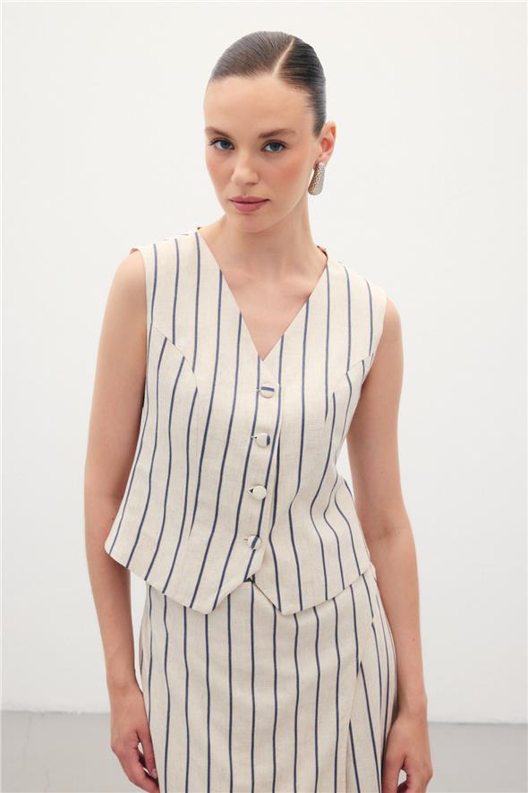 Çizgili Keten Karışımlı Yelek - Lacivert