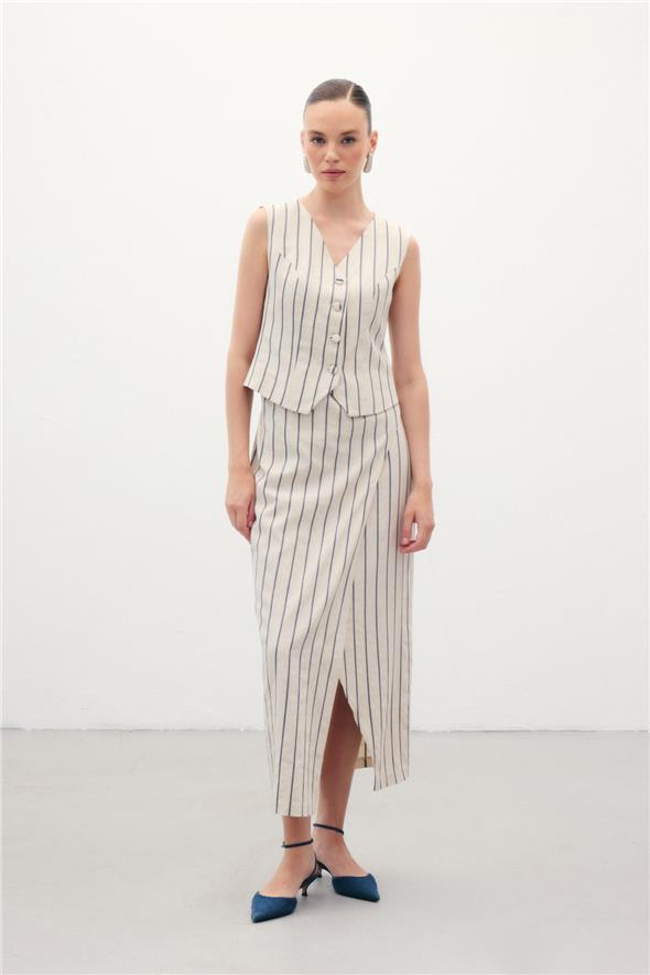 Çizgili Keten Karışımlı Yelek - Lacivert