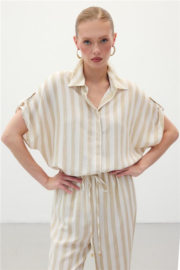 Çizgili Kısa Kol Gömlek - Bej