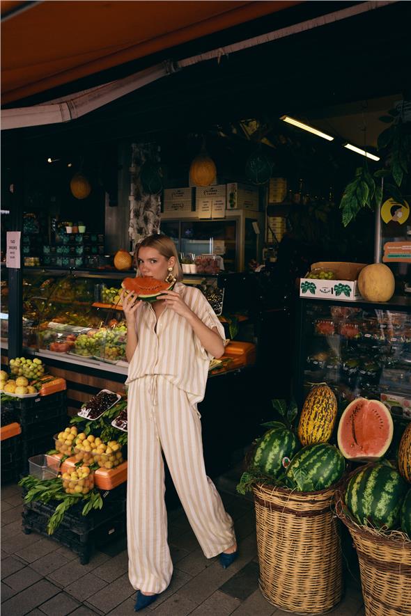 Çizgili Kısa Kol Gömlek - Bej