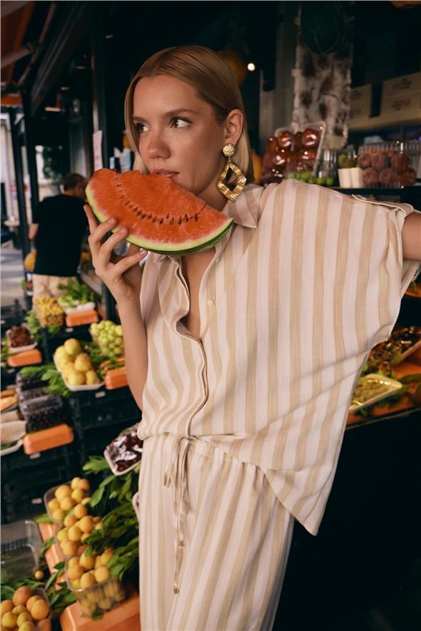 Çizgili Kısa Kol Gömlek - Bej