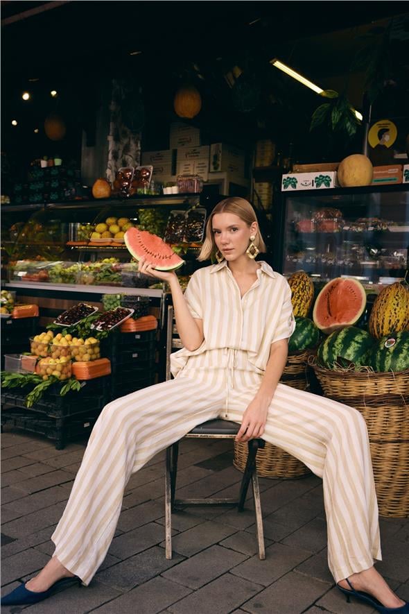 Çizgili Kısa Kol Gömlek - Bej