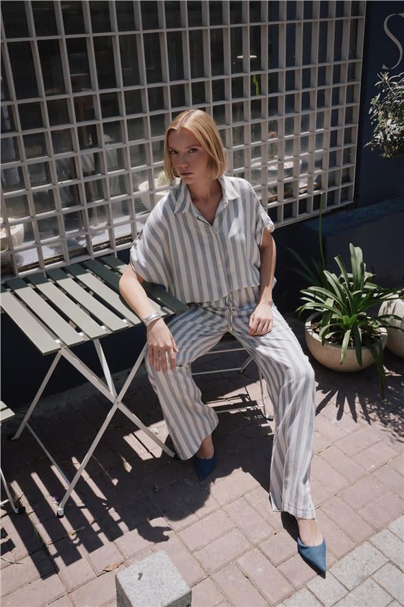 Çizgili Kısa Kol Gömlek - Lacivert