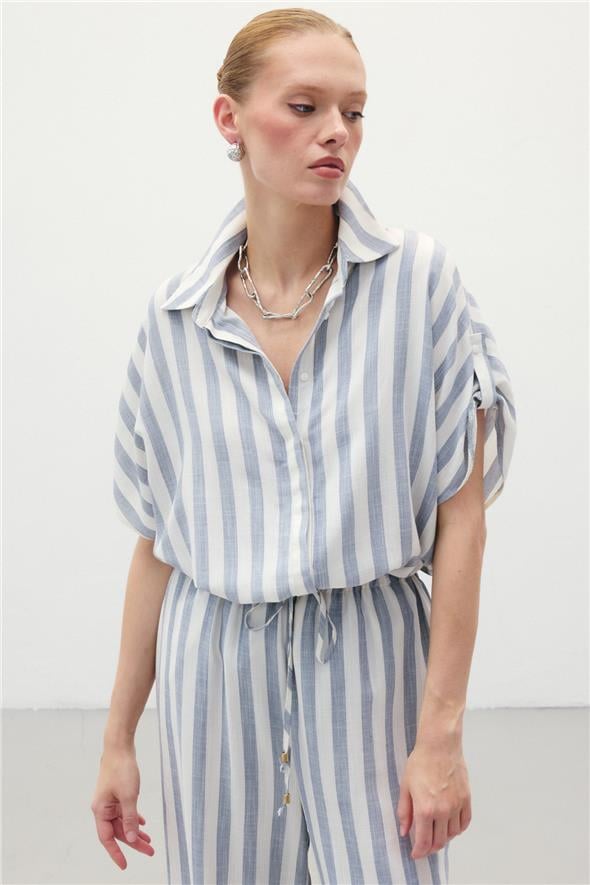 Çizgili Kısa Kol Gömlek - Lacivert