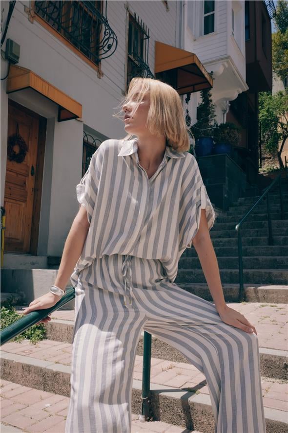 Çizgili Kısa Kol Gömlek - Lacivert