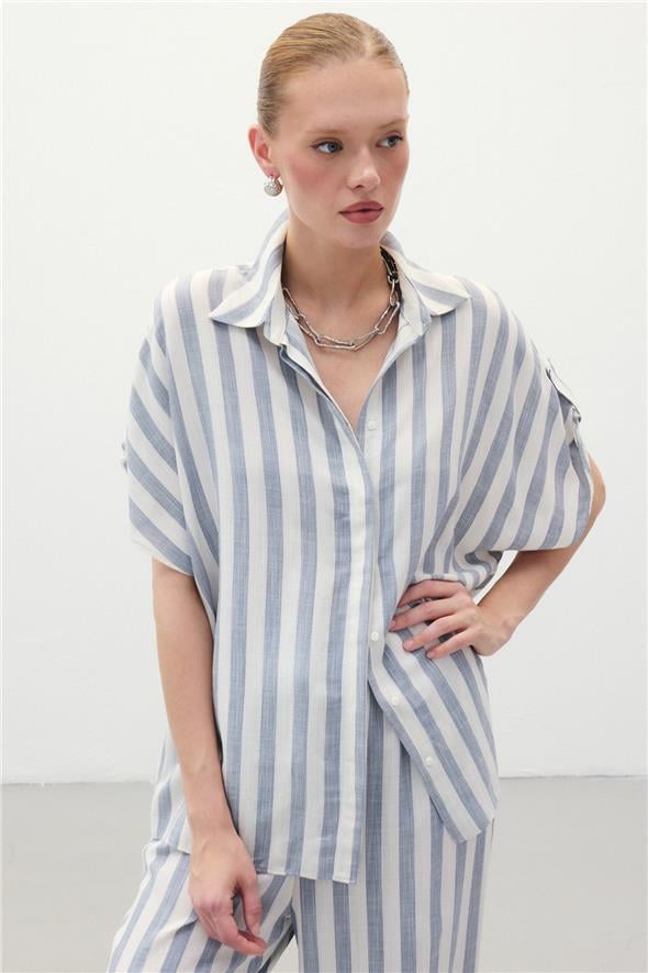 Çizgili Kısa Kol Gömlek - Lacivert