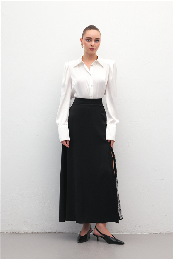 Dantel Detaylı Saten Etek - Siyah