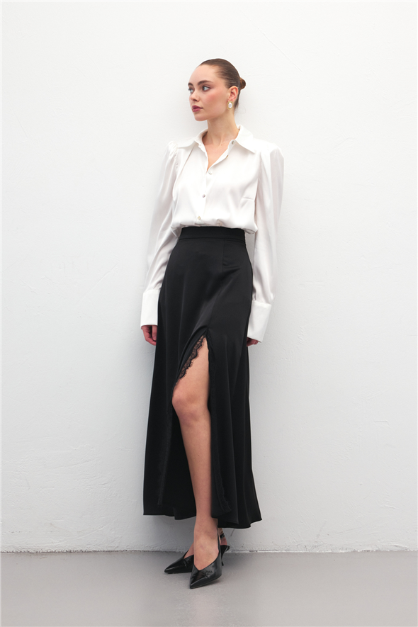 Dantel Detaylı Saten Etek - Siyah