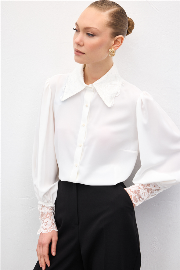 Dantel Manşetli Gömlek - Ekru