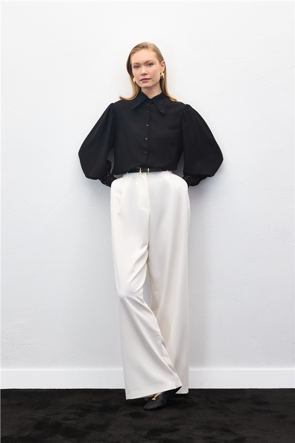 Dantel Manşetli Gömlek - Siyah