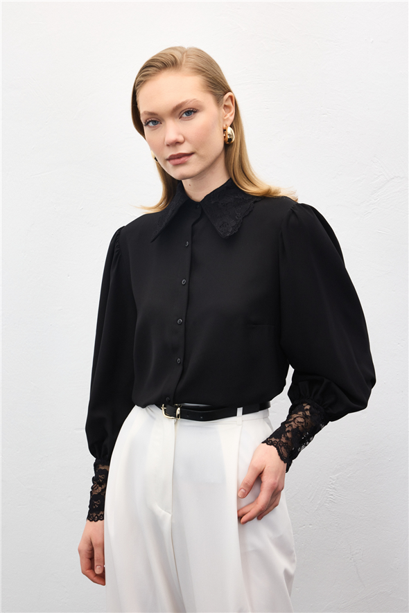 Dantel Manşetli Gömlek - Siyah