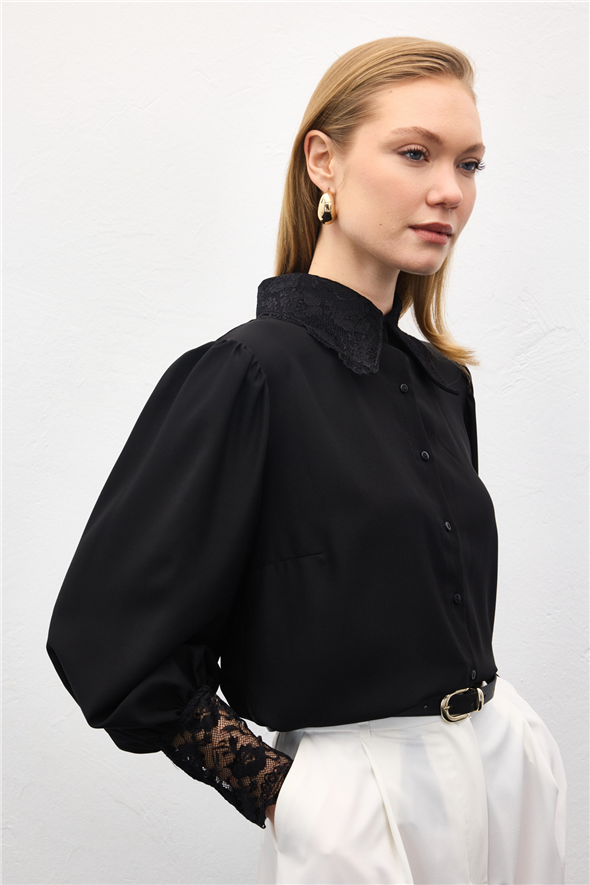 Dantel Manşetli Gömlek - Siyah