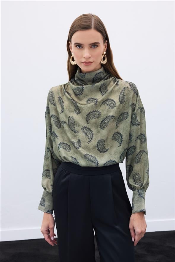 Degaje Yaka Desenli Bluz - Haki