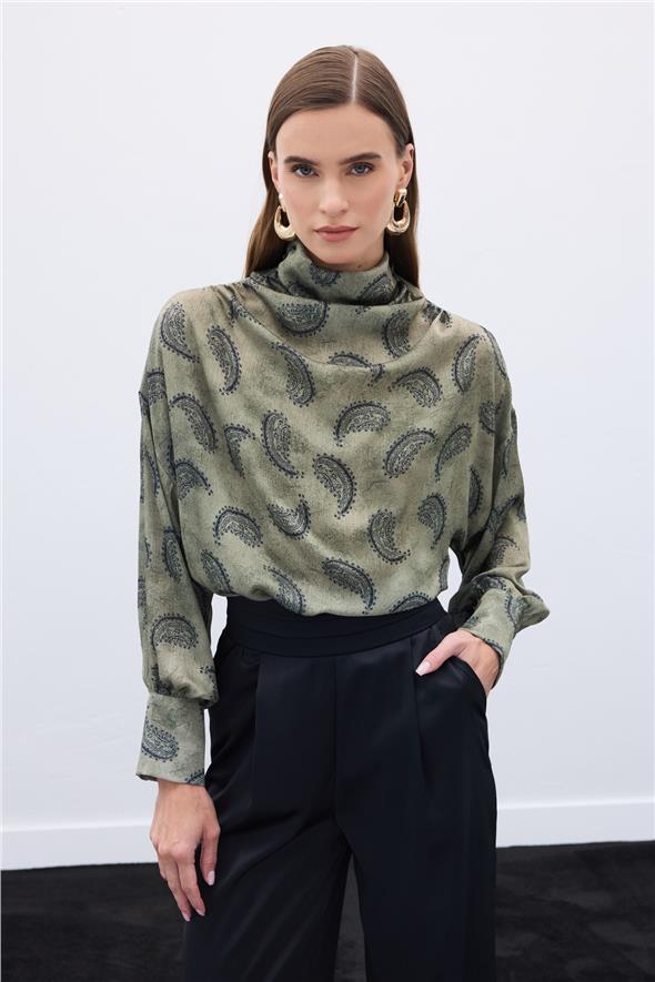 Degaje Yaka Desenli Bluz - Haki