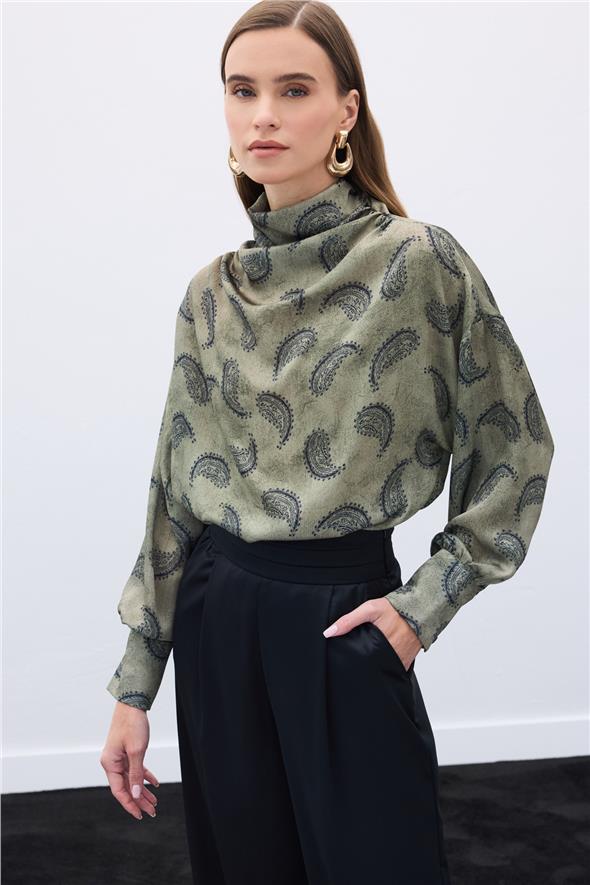 Degaje Yaka Desenli Bluz - Haki
