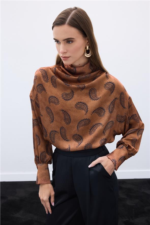 Degaje Yaka Desenli Bluz - Kahve